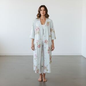 Carol Hochman Womens Cozy Heavy Terry  Button Robe Blue Pink & Red Roses Size L